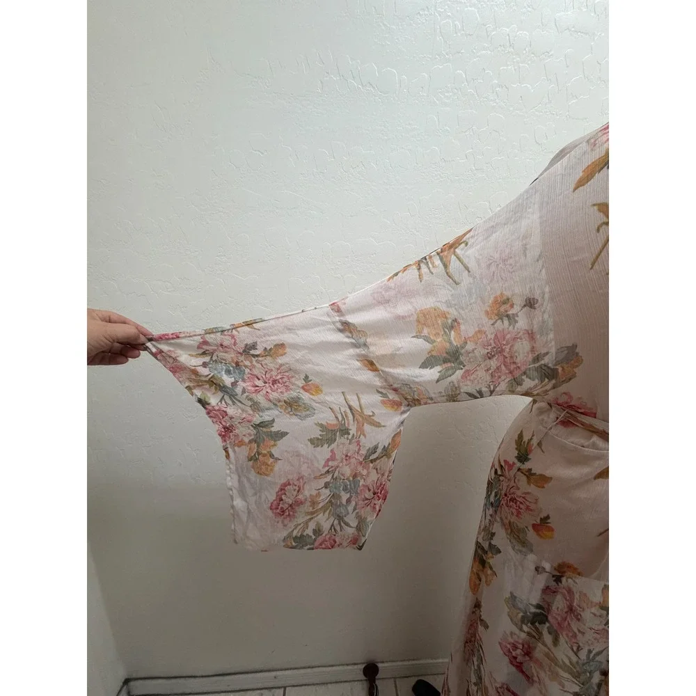 Aakaa Floral Maxi Robe Kimono Duster Bell Sleeve Pink Chiffon M Boho Coverup - Picture 3 of 4